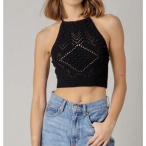Hunter & Brown Halter Crop Top S Black Crochet Knit Backless Adjustable Tie-Back